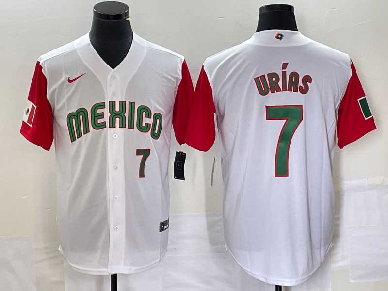 Men's Mexico Baseball #7 Julio Urias Number 2023 White Red World Classic Stitched Jersey 55